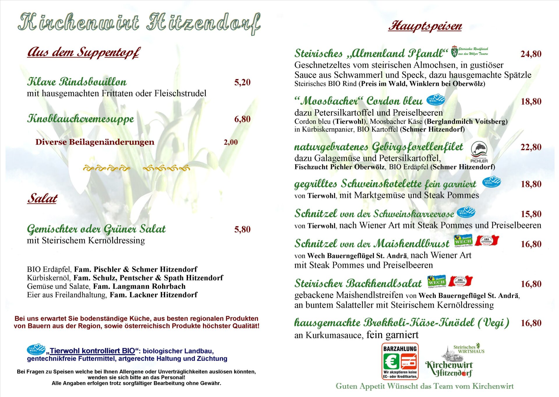 2026 02. A5 Klappkarte Tierwohl, Pfandl, Maishendl, Brokkoli Käse Knödel Krafttage